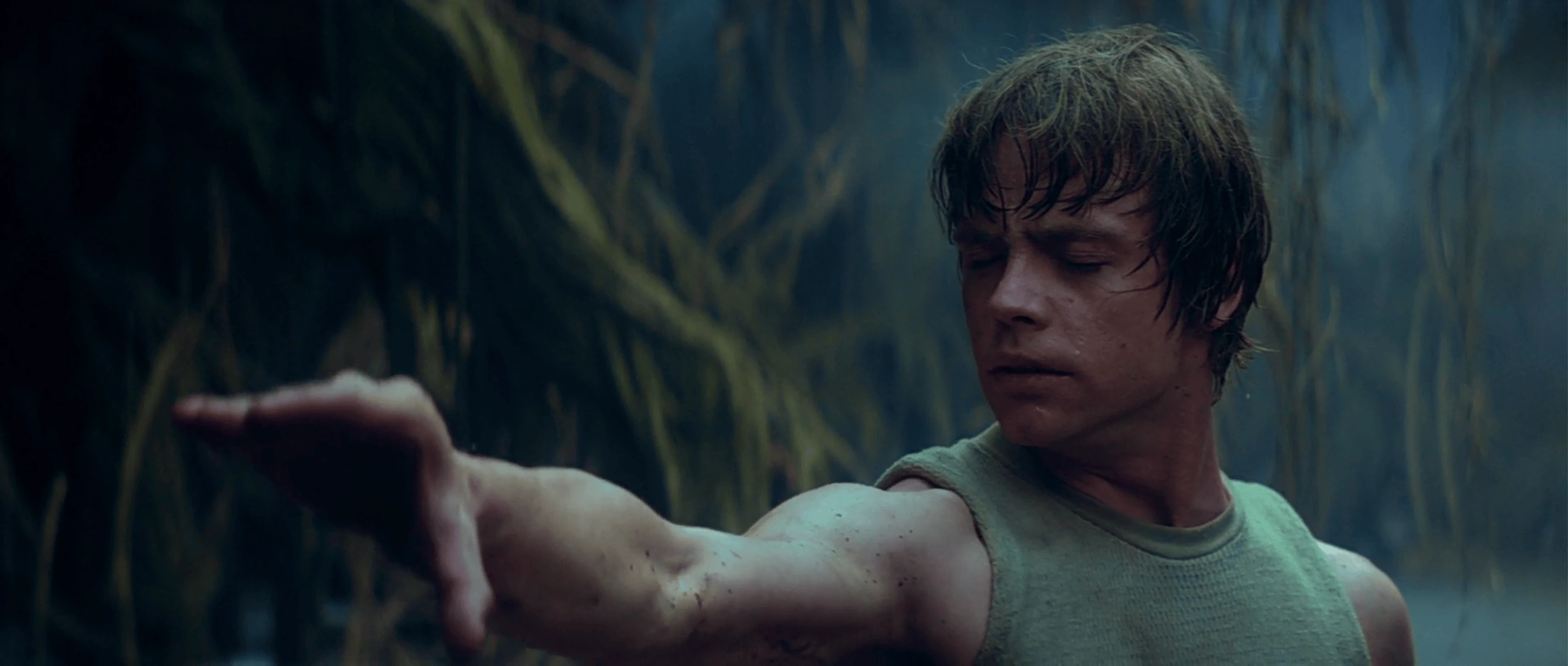 Luke attempting to concentrate on the Force during training