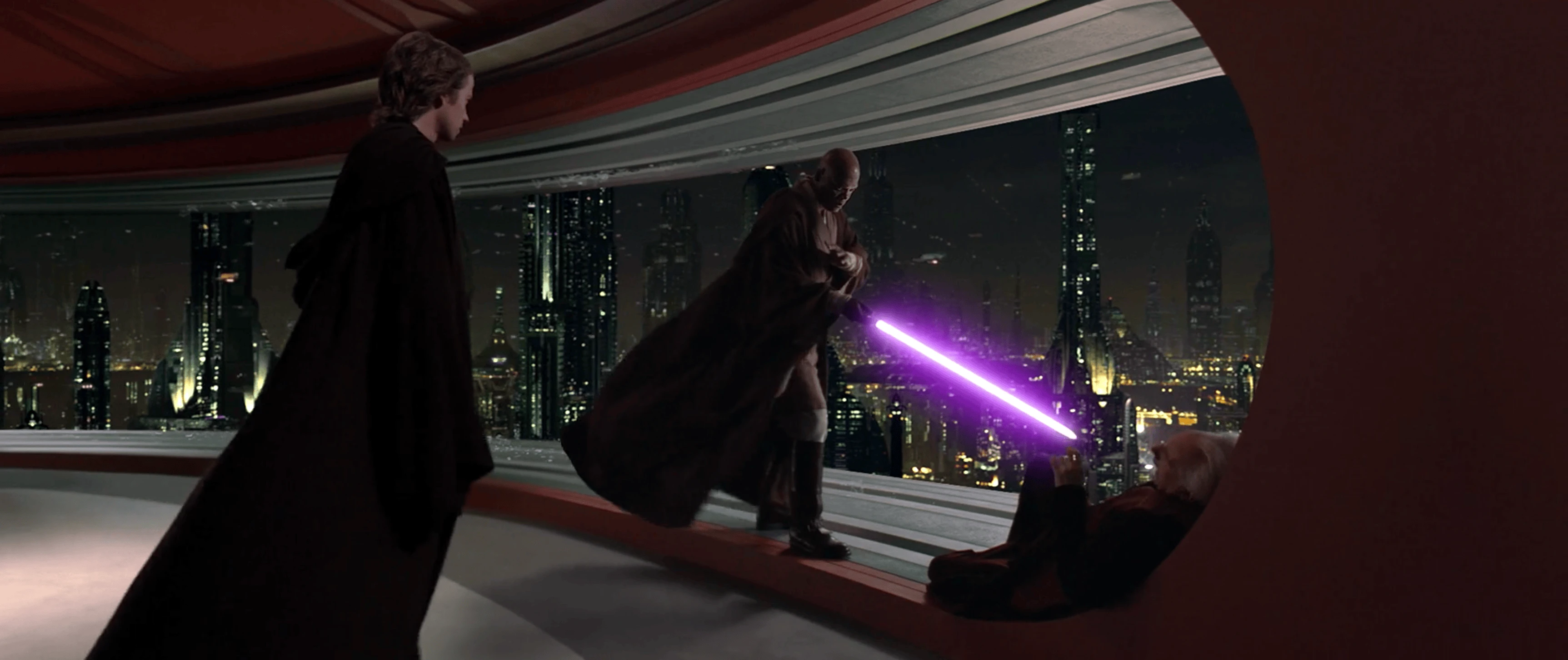 Anakin facing Mace Windu and Palpatine, the moment of choice